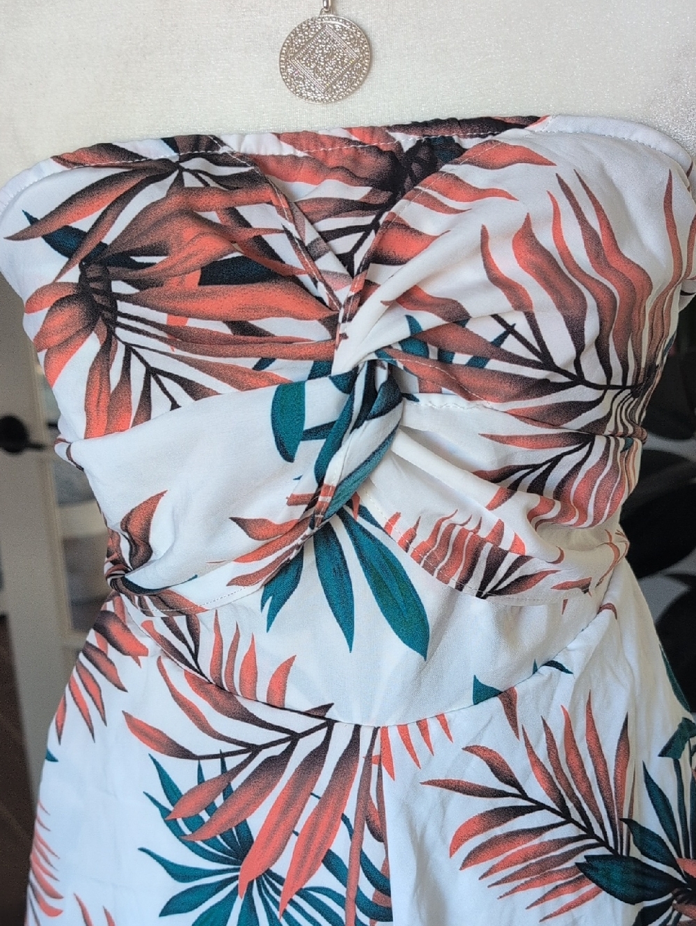 Boutique Tropical Strapless Romper in White with Palm Print Medium - Picture 4 of 7
